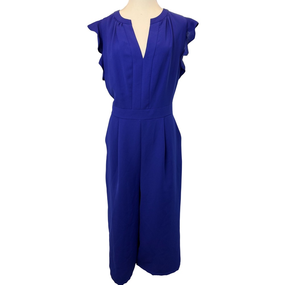 Vince Camuto Sz 14 Cobalt Blue Ruffle Wide Leg Jumpsuit Minimalist Dressy Luxury